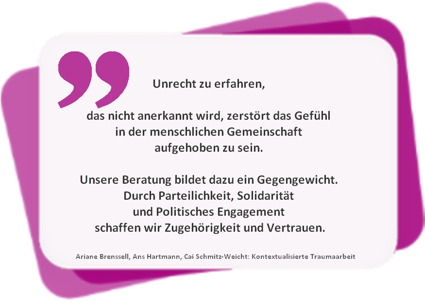 Bild mit Zitat aus Ariane Brenssell, Ans Hartmann, Cai Schmitz -Weicht: Kontextualisierte Traumaarbeit: Unrecht zu erfahren,  das nicht anerkannt wird, zerstört das Gefühl in der menschlichen Gemeinschaft und ihren Regeln gut aufgehoben zu sein.  Unsere Beratung bildet dazu ein Gegengewicht. Durch Parteilichkeit, Solidarität und Politisches Engagement schaffen wir Zugehörigkeit und Vertrauen. 